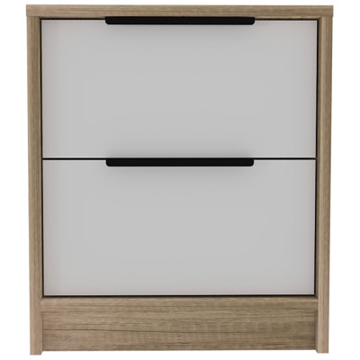 Table de chevet moderne, deux tiroirs, blanc / chêne clair
