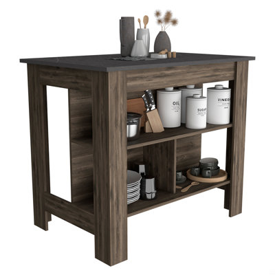 Kitchen Island, Kitchen Table 35" H, Four Legs, Three Open Storage Shelves