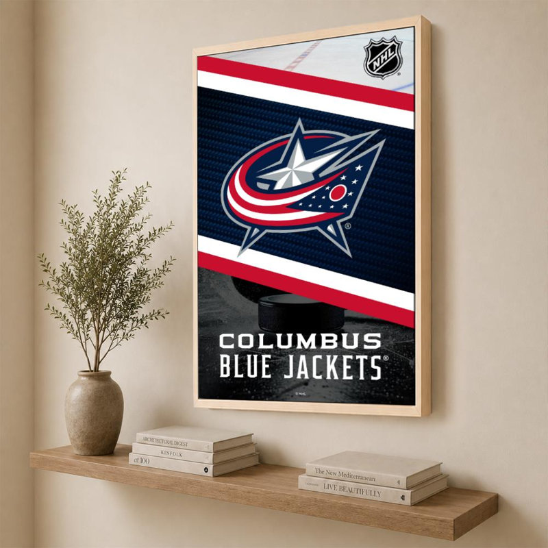 Décoration murale des Blue Jackets de Columbus (NHL), H 60 po x l 40 po, Cadre plat flottant, Bouleau