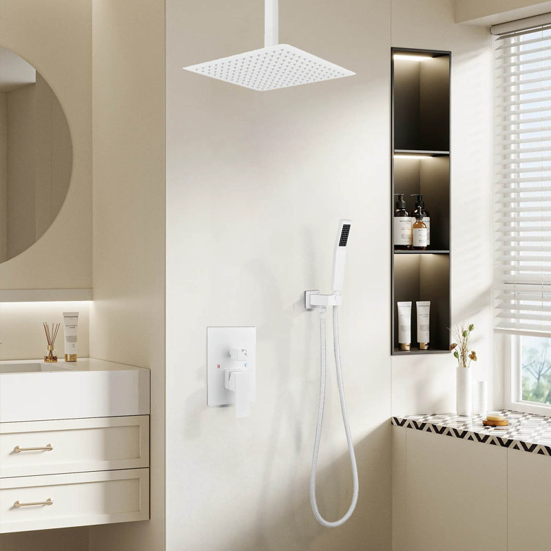 1-Spray Patterns 16 In. Ceiling Mount Dual Fixed And Handheld Shower Head 2.5 GPM In White