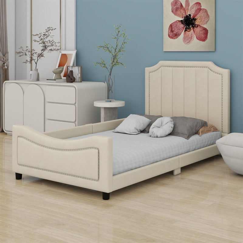 Upholstered Daybed With Classic Stripe Shaped Headboard, Beige