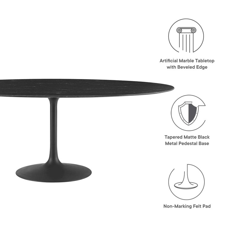 Black Oval Artificial Marble Dining Table with Metal Pedestal Base
