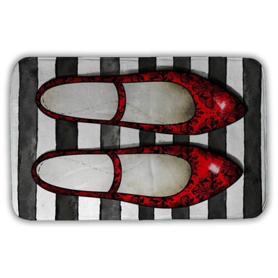 Red glossy shoes on striped background Bath Mat with Non-Slip Backing - Quick Dry Memory Foam Bathroom Rug - Absorbent - Modern Plush Spa-Style - Machine Washable