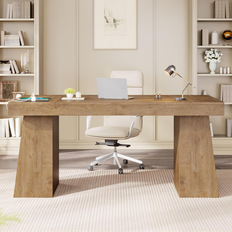 55.9" Executive Desk, Modern Home Office Desk With Power Outlets And Storage Cabinet, Small Conference Table, Oak, Oak