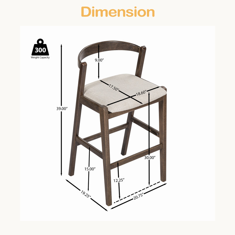 Tabouret de bar d'intérieur en bois d'hévéa, revêtement, ensemble de 2, Dark Brown