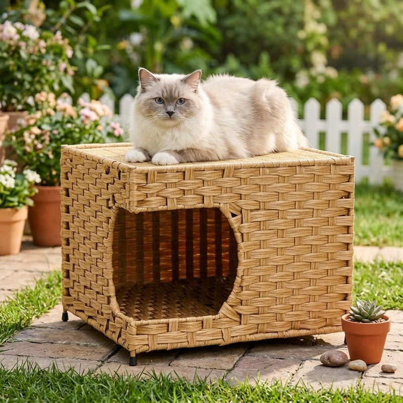 Lit décoratif décoratif pour chat en osier tissé à la main, coussin moelleux double face, lit pour animal de compagnie
