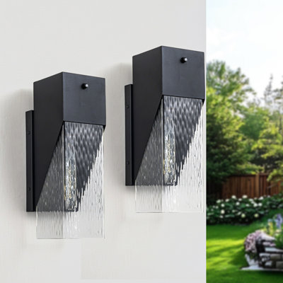 Modern 16''H Black 1-Light Dusk to Dawn Outdoor Wall Lantern with Water Glass Shade Waterproof
