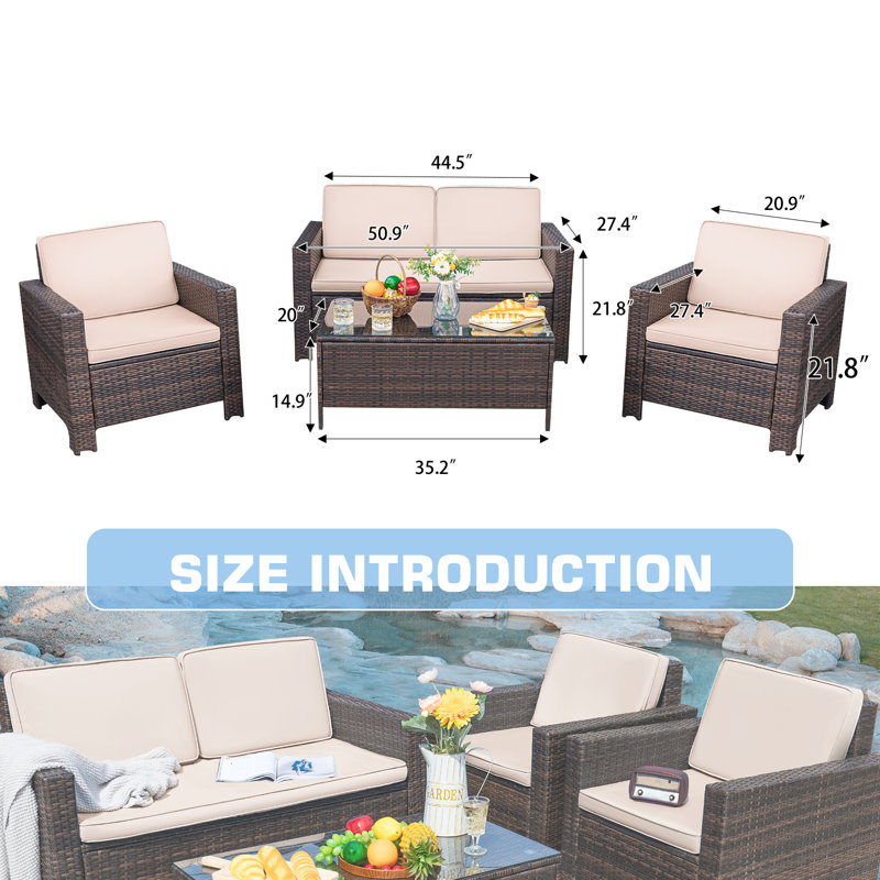 4 - Person Patio Conversation Set with Cushions, Brown, Light Beige