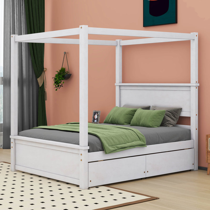 Zaelin Full Size Wood Canopy Bed with four Drawers, White