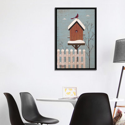 Red Winter Birdhouse - reproduction d'art murale - toile encadrée
