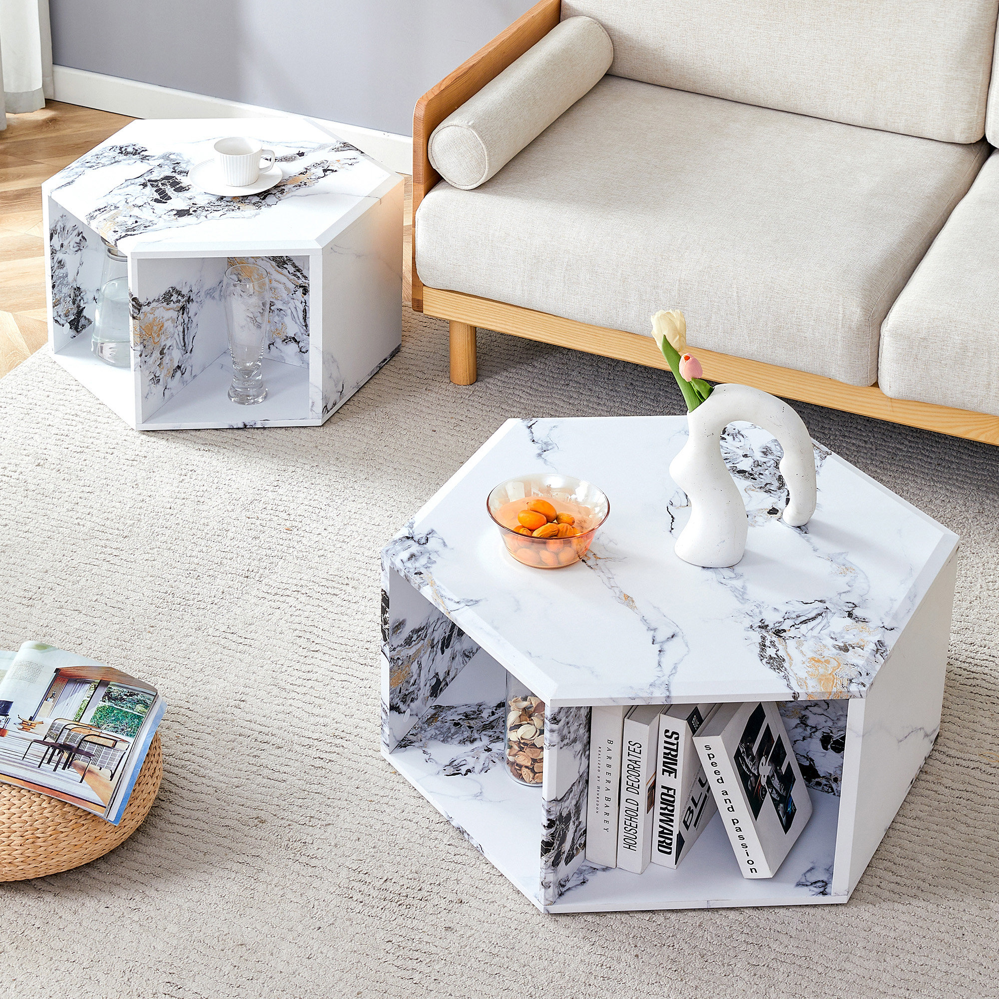 Wrought Studio Minimalist White Patterns Hexagonal Coffee Table Set ...