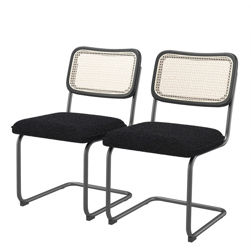 Luxurious Black Teddy Velvet Dining Chairs with Rattan Cane Backrest