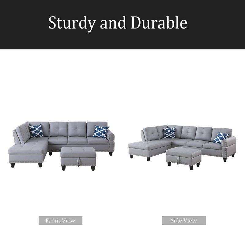 Faux Leather L - Shaped Sectional With Storage & Cup Holders, Gray