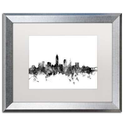 «Cleveland Ohio Skyline B&W», reproduction d'impression sur toile encadrée