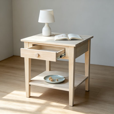 Solid Wood Spencer End Table, Unfinished Parawood for Custom Stain or Paint, Butcher Block Top with Drawer and Shelf, Versatile Living Room Nightstand
