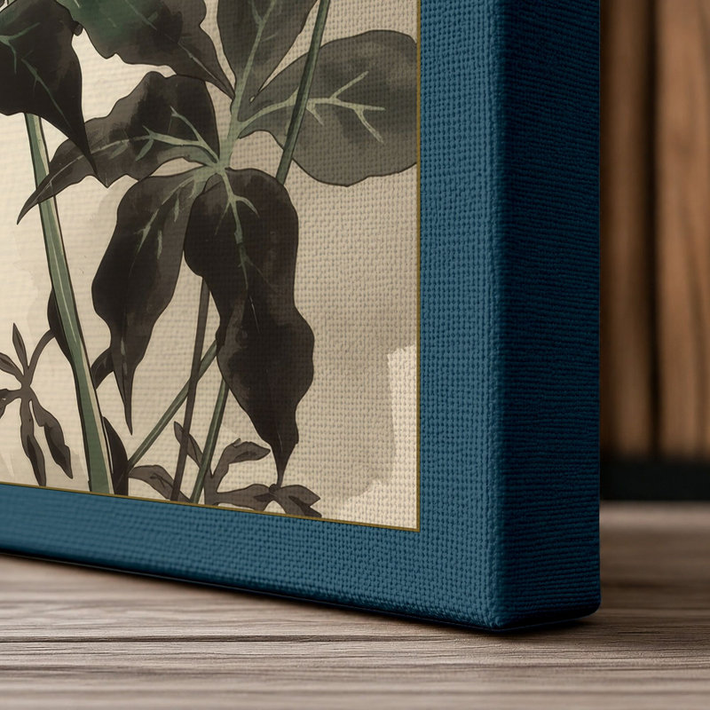 Golden Chrysanthemum Japandi - Wrapped Canvas, 36x24 - 91.4 x 61.0 cm, Teal Border