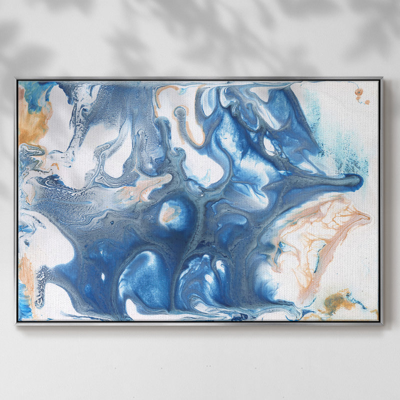 Bleu dansant II, H 27 po x l 41 po x P 2 po, Toile argentée avec cadre flottant, Non
