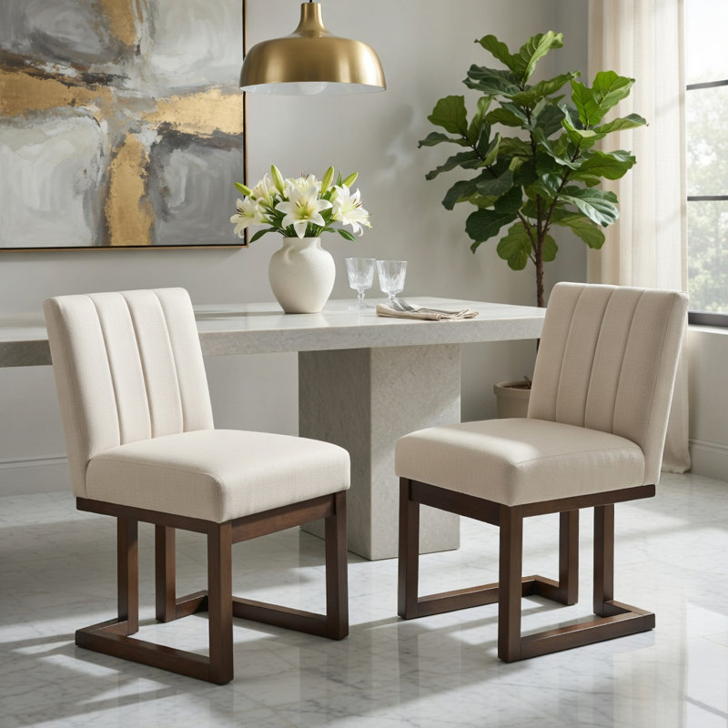  Ensemble de 2 chaises de salle à manger Modern Farmhouse en tissu, structure en bois de noyer, siège rembourré de 5,5 pouces d'épaisseur, support en forme de S ergonomique, beige