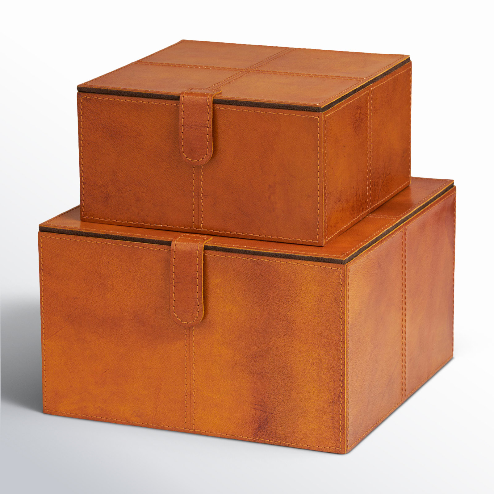 Brownsburg 2 - Piece Handmade Faux Leather Decorative Box, Cognac Brown, 6.05" H x 10.15" W x 9.9" L