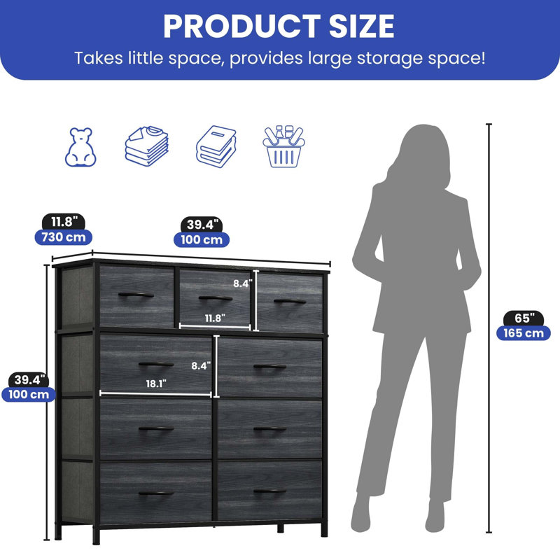 Black 9-Drawer Fabric Dresser with Iron Frame and Wood Grain Surface