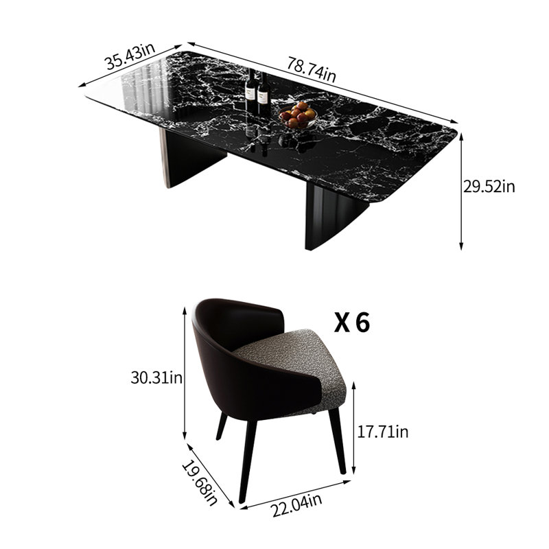 Ensemble de table à manger rectangulaire moderne en marbre de luxe moderne, H 29,52 po x L 78,74 po x l 35,43 po