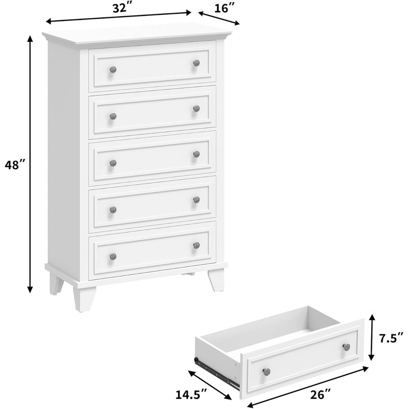 Commode de rangement blanche en bois à 5 tiroirs avec poignées en métal, Blanc