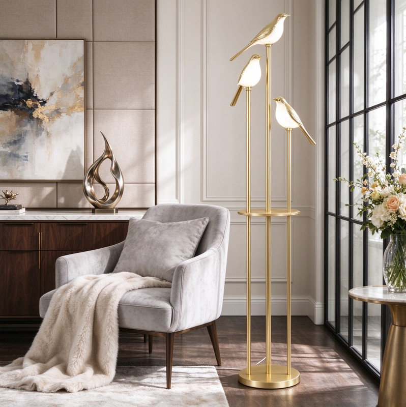 Lampe sur pied ferme en métal doré avec tablette pour salon et bureau Farmhouse
