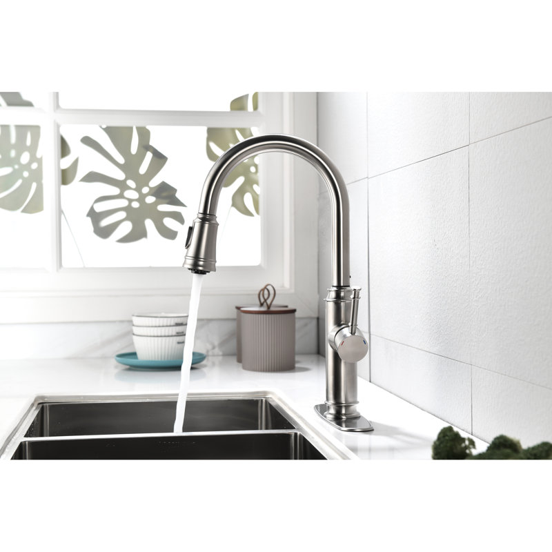 Single Lever Kitchen Sink Faucet, Pull Out Spray And Rust Finish Brushed Nickel Smooth Water Flow