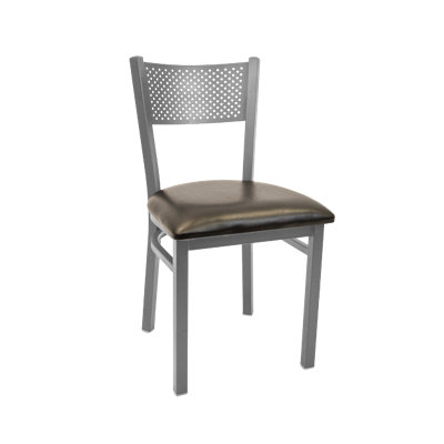 Chaise en métal à dossier perforé, finition grise, avec siège en vinyle rouge **Assise non fixée**