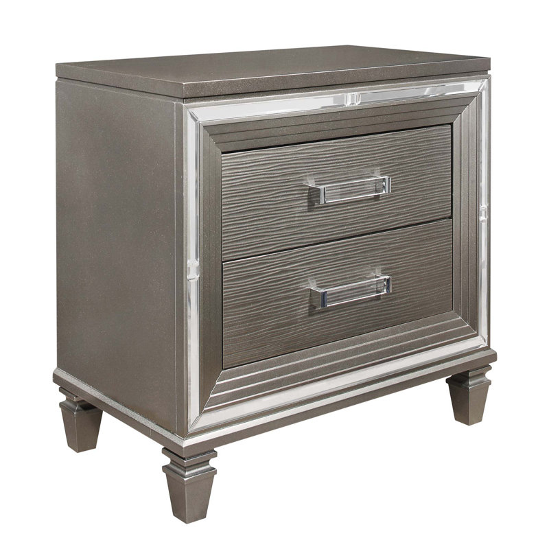 Elegant Style Silver-Metallic Nightstand Beveled Mirror Trim Dovetail Drawers Wooden Furniture