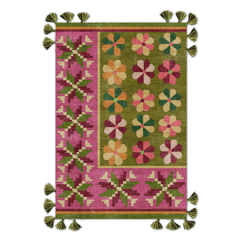 Tapis tissé à franges vert et rose, Rectangle 3 pi 9,81 po x 4 pi 11,06 po