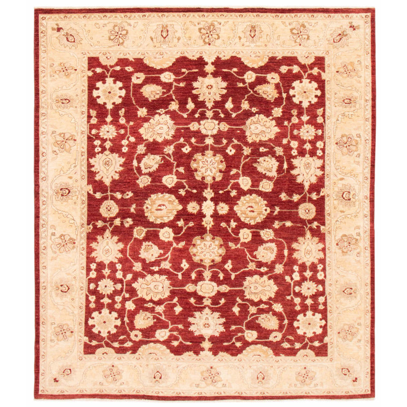 Tapis rouge foncé en laine noué à la main de conception unique 8 pi x 9 pi 4 po Chobi Finest
