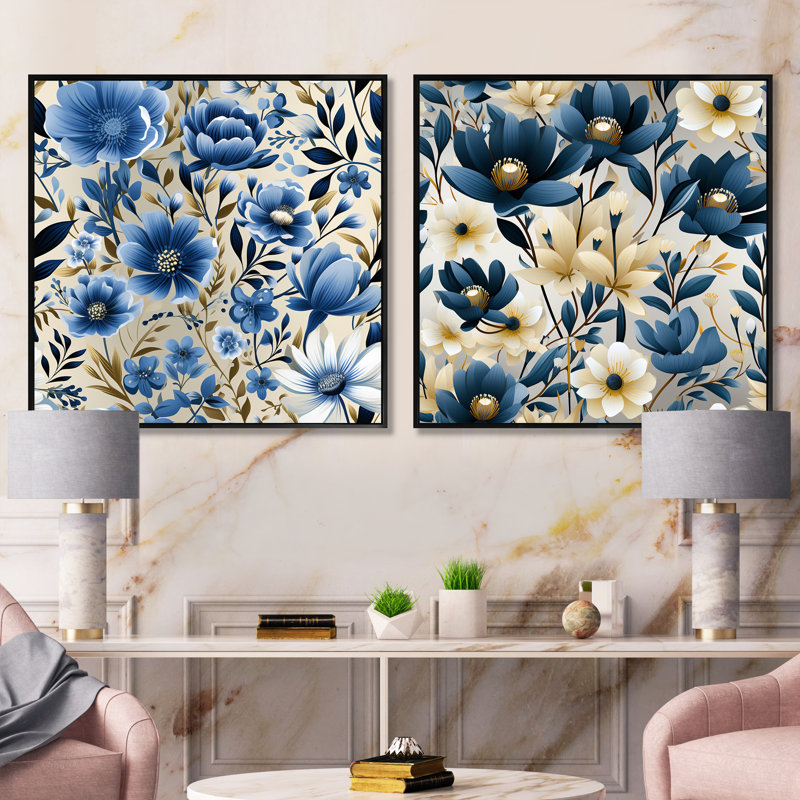 Doynton - Ensemble de 2 collages carrés floraux, Cadre flottant noir, H 16 po x l 33 po