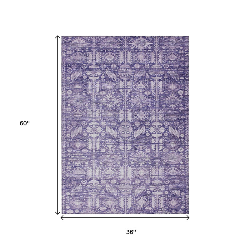 Tapis intérieur/extérieur lavable, motif tribal violet et ivoire, 90 x 150 cm