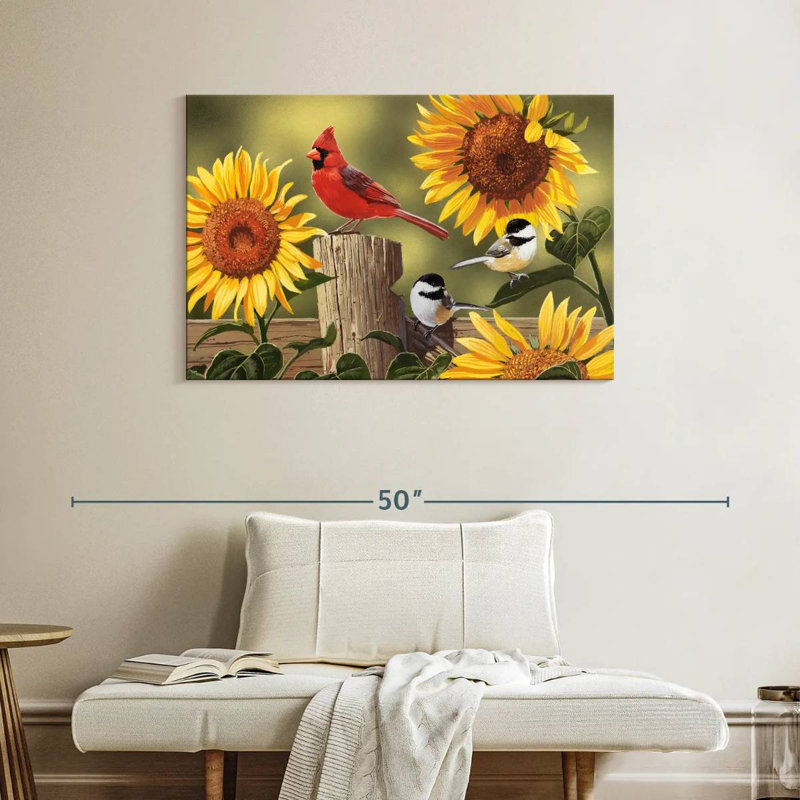 Tournesols Brampt et oiseaux chanteurs, H 26 po x l 39 po