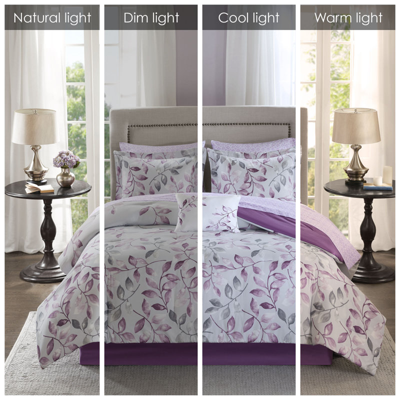 Queen Purple Microfiber Floral Comforter Set with Cotton Sheets