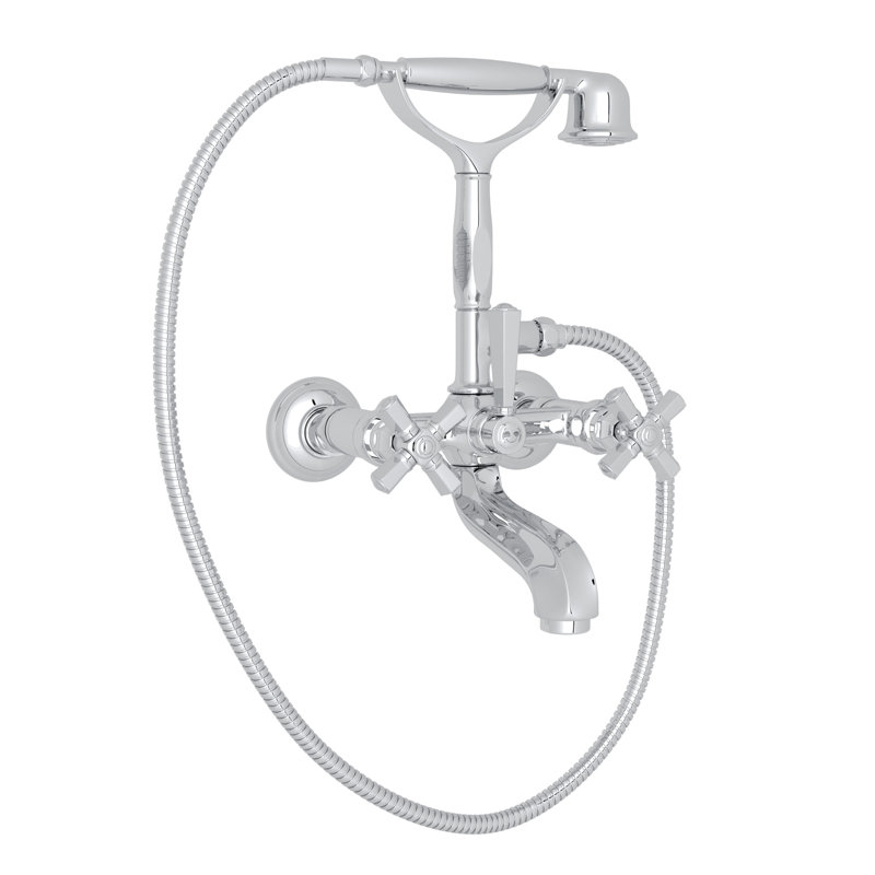 Palladian Exposed Wall Mount Tub Filler, Polished Chrome, Industrial Metal Cross Handle