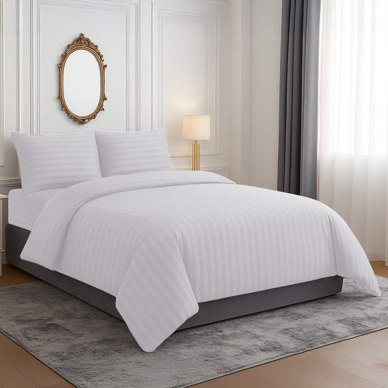 Microfiber Striped Duvet Cover Set with Matching Pillowcases and Stripe Fitted Sheet, White