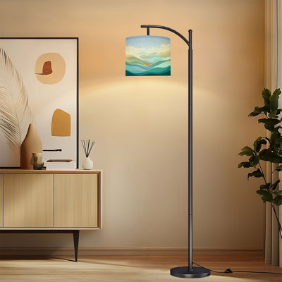 Arc Floor Lamp with Adjustable Lampshade Abstract Landscape Soft Waves Calm Tones Summer Decor Standing Lamp 3 Color Temperatures Dimmable Tall Pole Lamp with Foot Switch for Bedroom