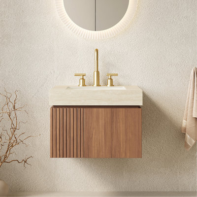 Meuble-lavabo et lavabo de salle de bain 24 po MURI, armoire de rangement flottante en contreplaqué avec 2 portes, comptoir en pierre frittée Roma Travertine et lavabo en céramique avec 3 trous de robinet pré-percés, pré-assemblé, grain de bois de chêne brun