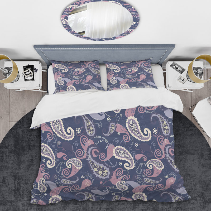 Ensemble de housse de couette à motif floral gris et rose à motif cachemire