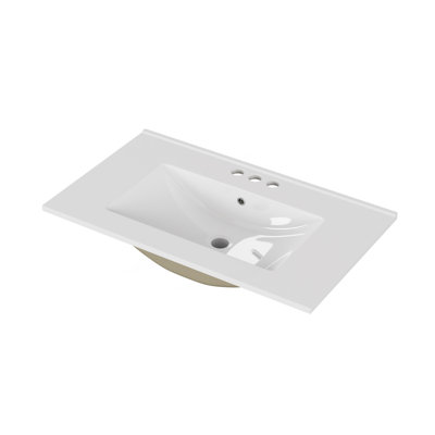 32-Inch White Ceramic Three Holes Bathroom Sink, Fits 31.5-Inch Vanity,Pre-Drilled Faucet Hole,Modern Minimalist Design,Durable & Easy To Clean