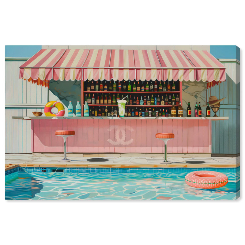 «Pink Pool Bar Party» par Glam Coastal Art , H 24 po x l 36 po, Toile tendue