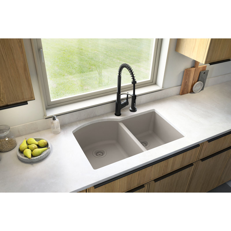 Karran Undermount Quartz Composite 32'' X 21'' 60/40 Double Bowl Kitchen Sink, Concrete