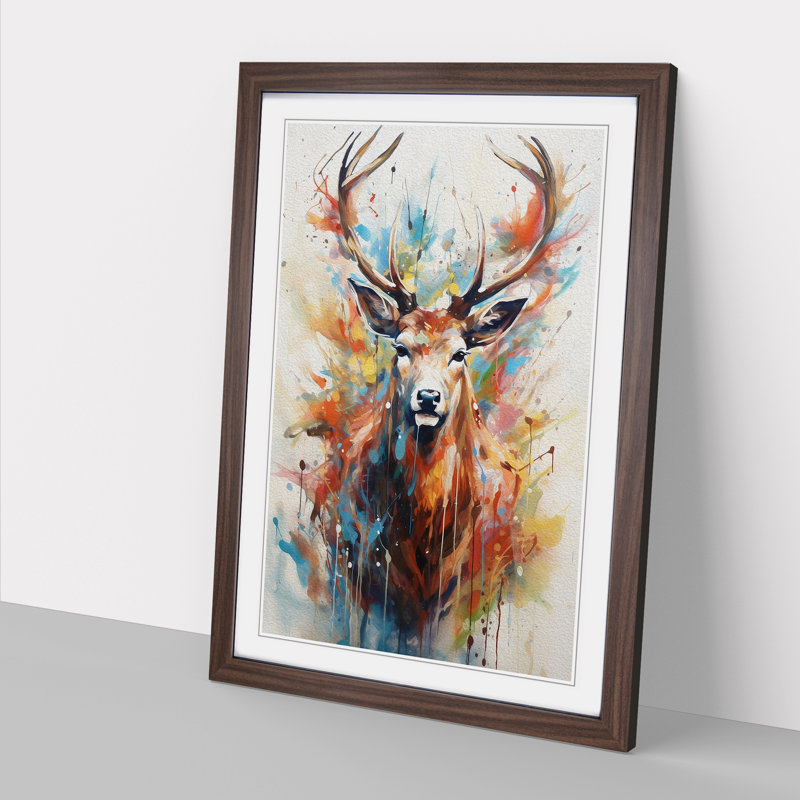 Deer Gestural - Single Picture Frame Print on Wood, Walnut Framed, 46cm H x 34cm W