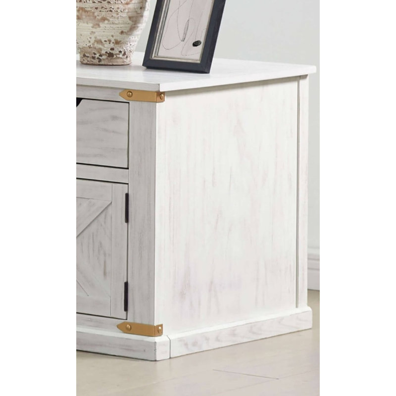 Table de bout rustique avec finition blanc antique et or, tiroir coulissant, tablette en bois et en métal, tablettes ouvertes, pour café et utilisation