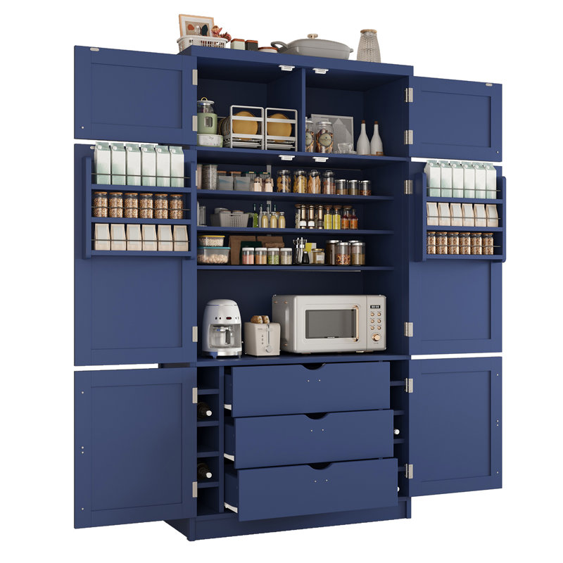 80.1'' Tall Freestanding Kitchen Pantry, 41.3''X18.2'' Large Shaker Style Storage Cabinet Cupboard With 2 Power Outlets, Adjustable Shelves And Door Shelves, Blue