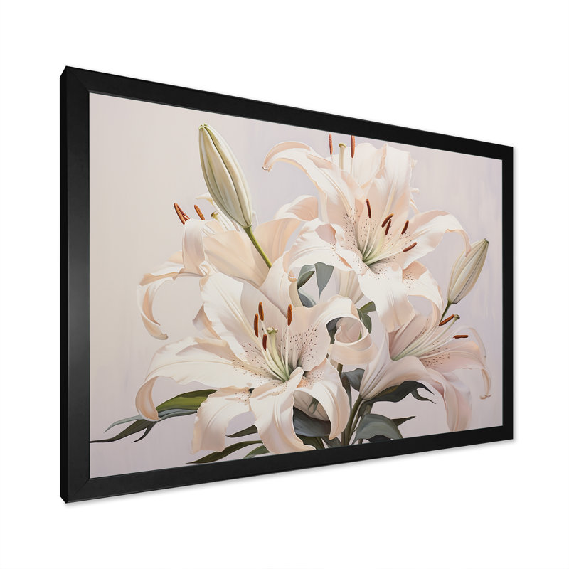 Lys blancs en fleur II sur toile, Cadre simple noir, H 16 po x l 32 po x P 1 po