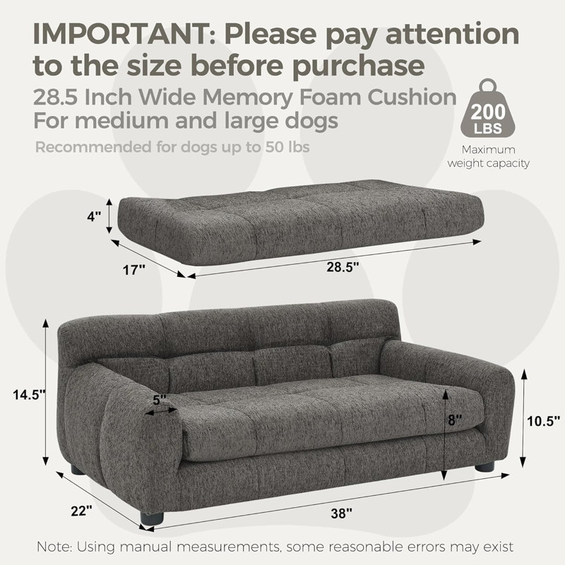 38" W Soft and Comfortable Elevated Dog Sofa with Backrest and Armrests Rectangular Pet Sofas for Small and Medium-sized Dogs
