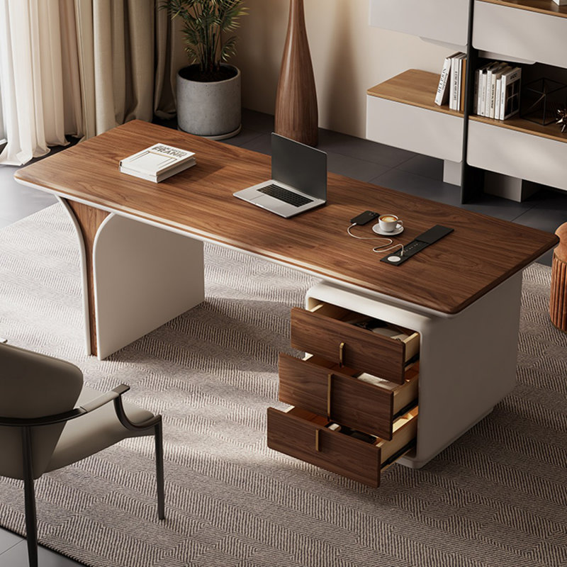 Bureau rectangulaire en bois manufacturé brun noisette, Retour à droite, 29.53" H x 78.74" W x 27.56" D